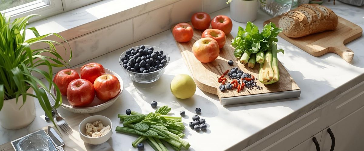 (16_9)_ A clean, modern kitchen counter setup featuring healthy foods