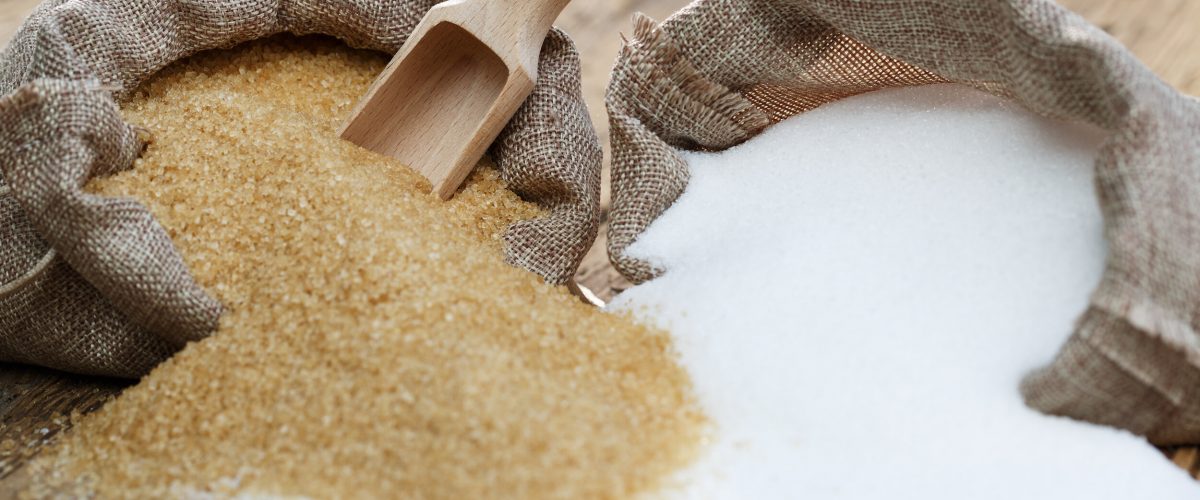 Various types of sugar, brown sugar and white